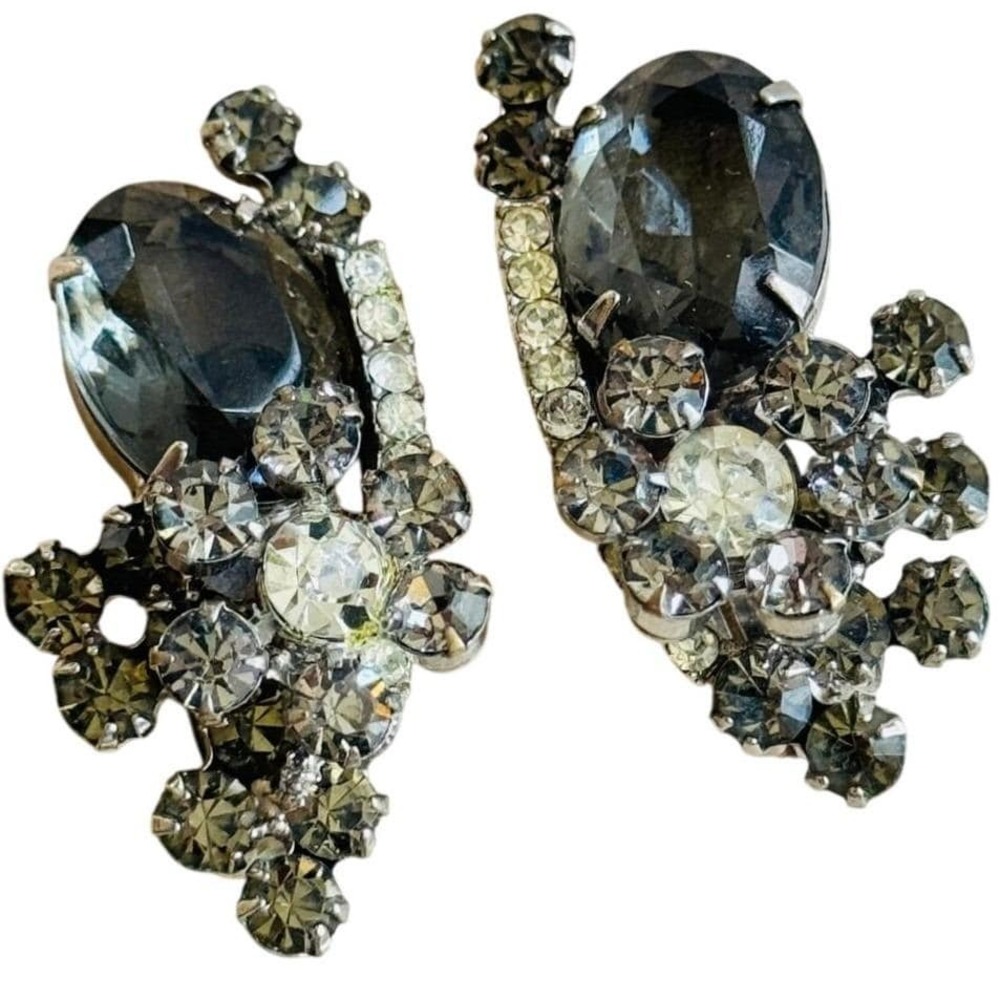 Dazzling Earrings D&E Juliana VTG large smokey crystal rhinestone Verified 1.75"